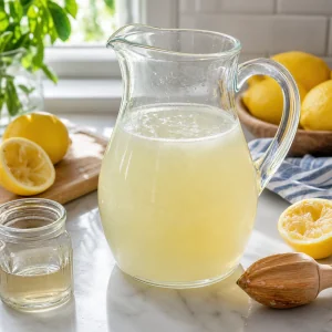 Lemon juice and syrup mixed in a glass pitcher