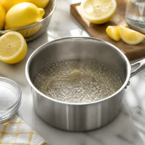 Simple syrup simmering in a small saucepan