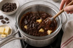 Chocolate negro e manteiga derretendo em banho-maria