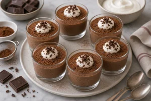 Copos de mousse de chocolate firme com cacau e raspas de chocolate