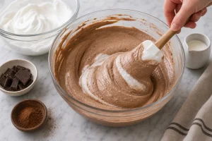 Claras batidas envolvidas delicadamente na mousse de chocolate