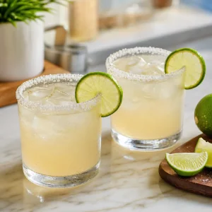 Finished margaritas with lime garnishes