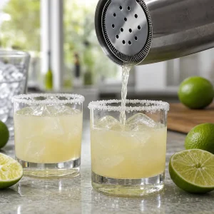 Margarita strained into salt-rimmed glasses over ice