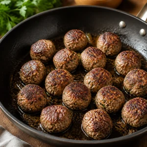 Meatballs browning in olive oil in a skillet