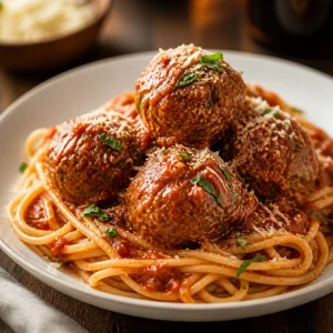 Saucy meatballs served over pasta