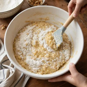 Breadcrumbs soaking in milk in a large mixing bowl