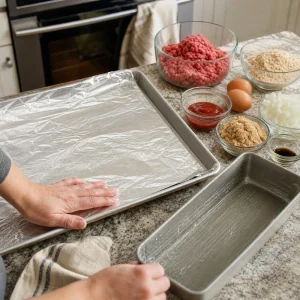 Foil-lined baking sheet and loaf pan prepared for meatloaf