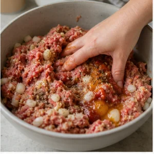 Ground beef mixture gently combined with onion, eggs, ketchup, and seasonings