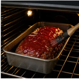 Meatloaf baking in the oven with glossy tomato glaze being brushed on