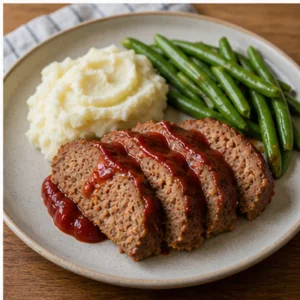 Sliced meatloaf served with mashed potatoes and green beans