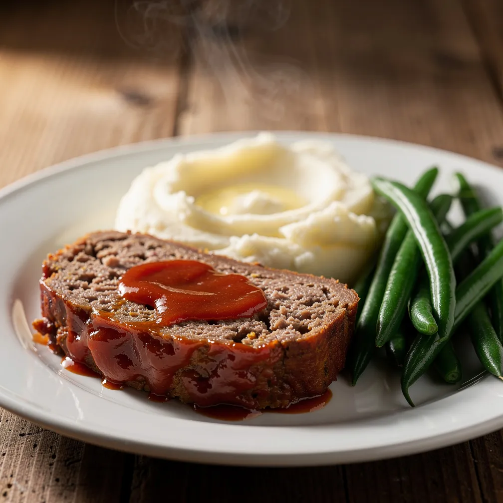 Sliced meatloaf with tomato glaze served with mashed potatoes and green beans