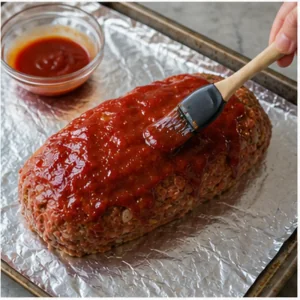 Tomato glaze brushed over the top of the raw meatloaf