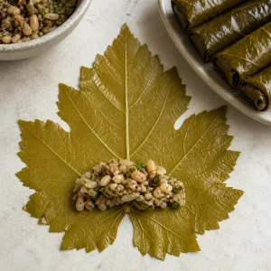 A grape leaf filled with lamb rice mixture before rolling.