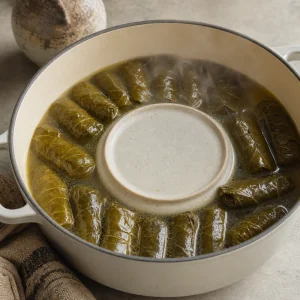 Dolmas simmering under a small plate in broth.