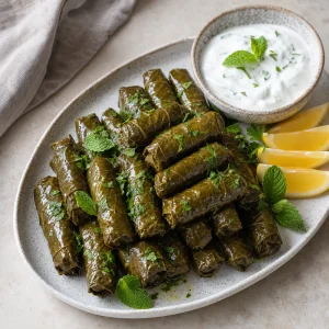 Finished dolmas served with yogurt and lemon wedges.