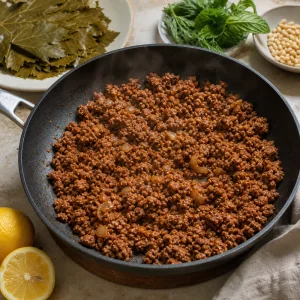 Ground lamb browned with tomato paste and warm spices.