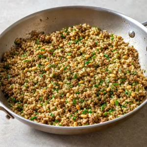 Rice, pine nuts and herbs mixed into spiced lamb filling.