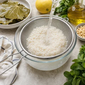 Rice rinsing in a sieve with grape leaves and herbs nearby.