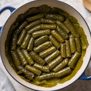 Stuffed grape leaves arranged tightly in a lined pot.