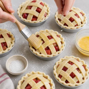 Ungebackene Gitter-Pies werden mit Ei bestrichen und mit grobem Zucker bestreut.