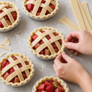 Gitterdeckel werden auf rohen Mini-Erdbeer-Rhabarber-Pies festgedrückt.