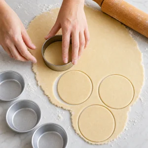 Ausgerollter Pie-Teig wird zu Kreisen für die Mini-Pie-Böden ausgestochen.