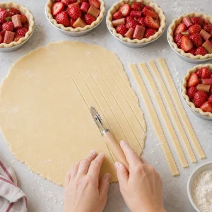 Dünne Teigstreifen für das Gitter werden neben gefüllten Mini-Pies geschnitten.