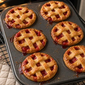 Frisch gebackene Mini-Erdbeer-Rhabarber-Pies mit blubbernder roter Füllung.