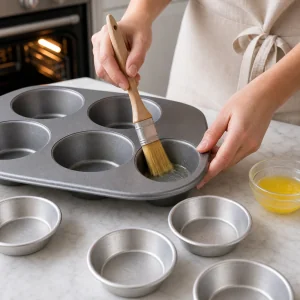 Eine Jumbo-Muffinform und kleine Pie-Formen werden vor dem Backen der Erdbeer-Rhabarber-Pies eingefettet.