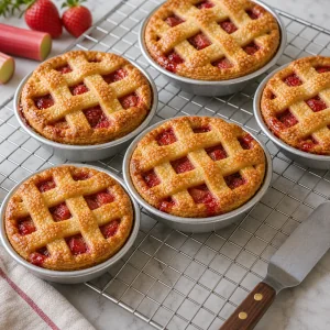 Mini-Erdbeer-Rhabarber-Pies kühlen in den Formen auf einem Kuchengitter ab.