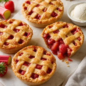 Mini strawberry rhubarb pies with golden lattice crust and ruby fruit filling.
