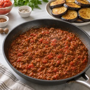 Minced meat simmering in spiced tomato sauce