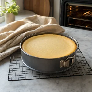 Baked cheesecake cooling on a wire rack