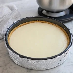 Cheesecake batter poured over the crust