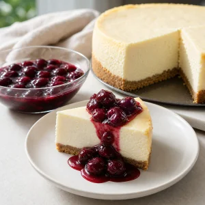 Cheesecake slice served with glossy cherry compote
