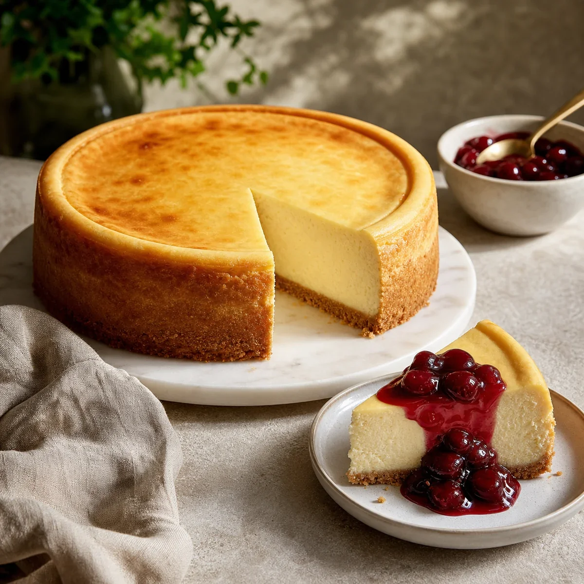 New York cheesecake and a slice topped with cherry compote