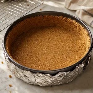 Prebaked graham cracker crust in the springform pan