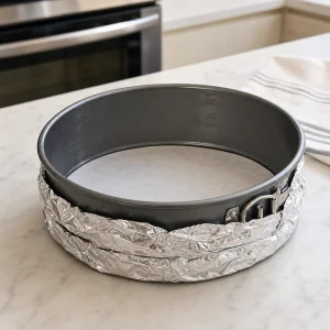 Prepared springform pan lined with parchment and wrapped in foil