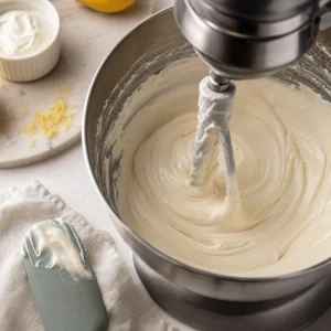 Smooth cheesecake filling in a mixer bowl