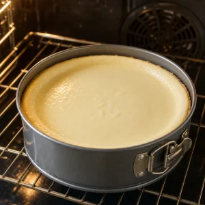 Cheesecake-Füllung vor dem Backen glatt auf dem Boden verteilt