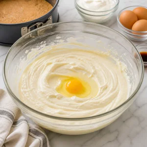 Cremige Cheesecake-Masse in einer Schüssel verrührt
