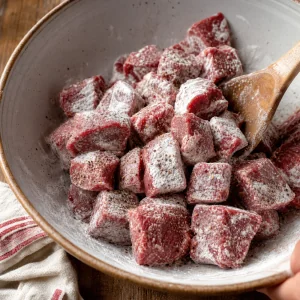 Beef cubes coated with flour, salt, and black pepper in a mixing bowl.