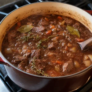 Browned beef, broth, thyme, and bay leaves simmering together in the stew pot.
