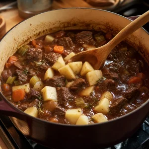 Cubed potatoes stirred into the simmering beef stew until tender.