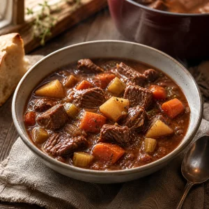 Finished old-fashioned beef stew served hot with tender beef, potatoes, and carrots.