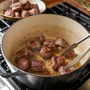Flour-coated beef cubes searing in hot oil in a Dutch oven.
