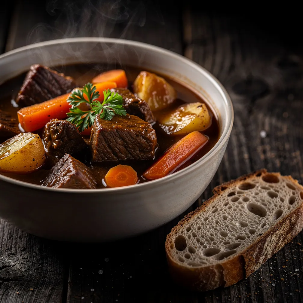 Ragoût de bœuf classique avec légumes et herbes dans un bol
