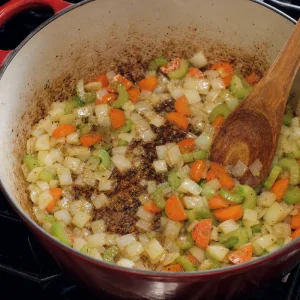 Onion, carrots, and celery sauteing in butter until the onion turns translucent.