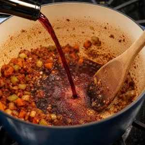 Red wine poured into the Dutch oven to deglaze the browned bits.