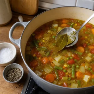 Lorbeerblätter aus der fertig gewürzten Gemüsesuppe entfernt